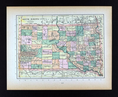 #ad 1894 Cram Map South Dakota Pierre Rapid City Custer Deadwood Sturgis Sioux Falls $15.99