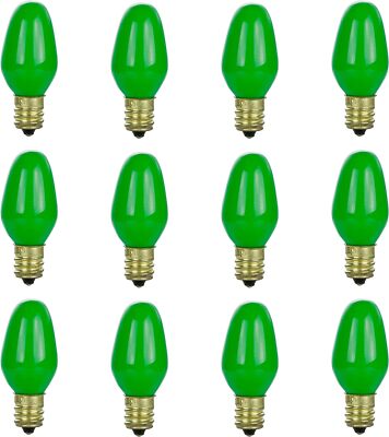 12Pack 7W C7 Light Bulb, Green Glow, Dimmable Small Night Light, E12, 120V
