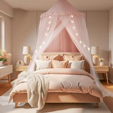 Large Bed Canopy with Star Lights, Double Layer Canopy for Bed, Princess Play Te