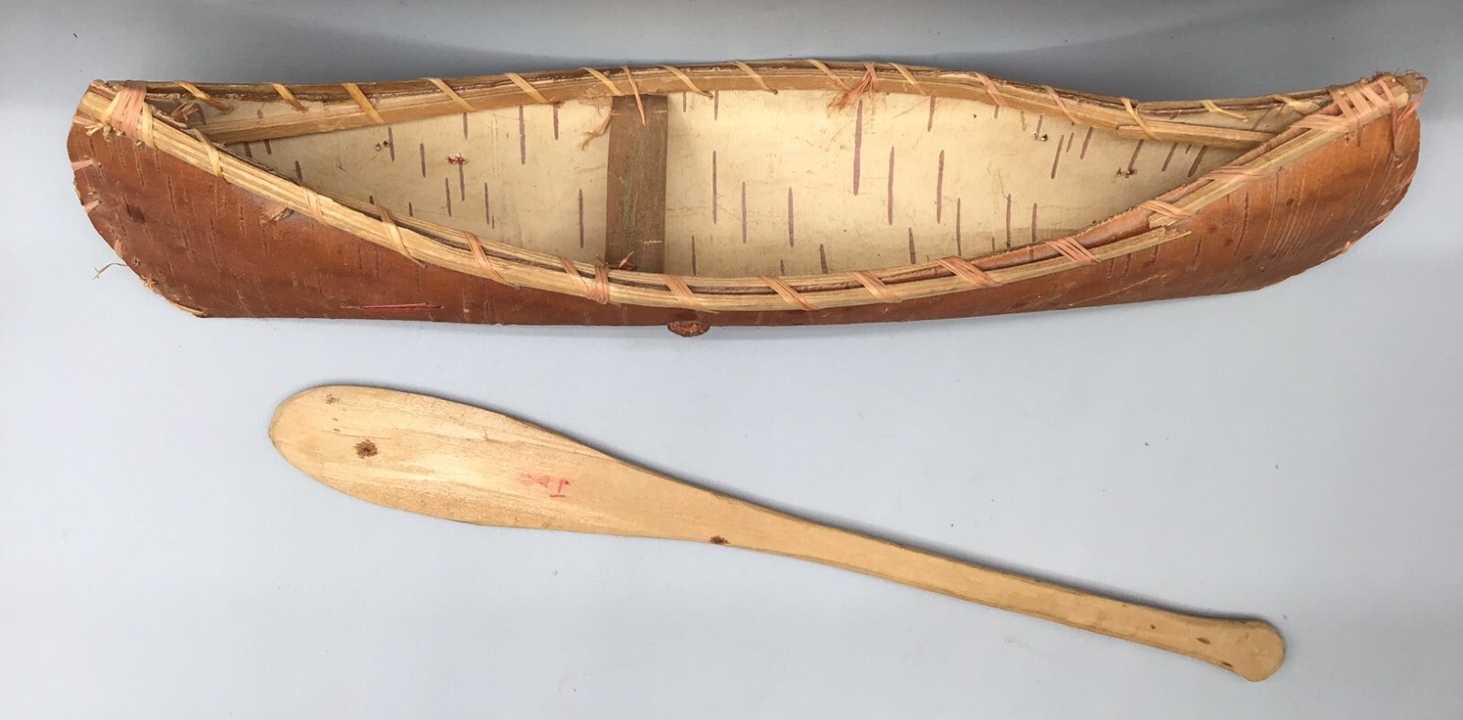 vtg birchbark canoe 12" quill decorated & signed 10" oar paddle Golden