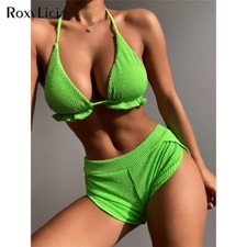 Wrinkled Crinkled Halter Mid Waist Bikini Women Swimwear Two-pieces Bikini Set