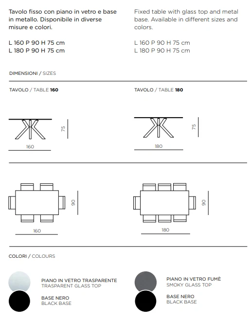 TAVOLO RETT.FISSO PIANO VETRO FUME'/TRASPARENTE L.160/180 BASE METALLO NERA KONE - Immagine 4 di 4