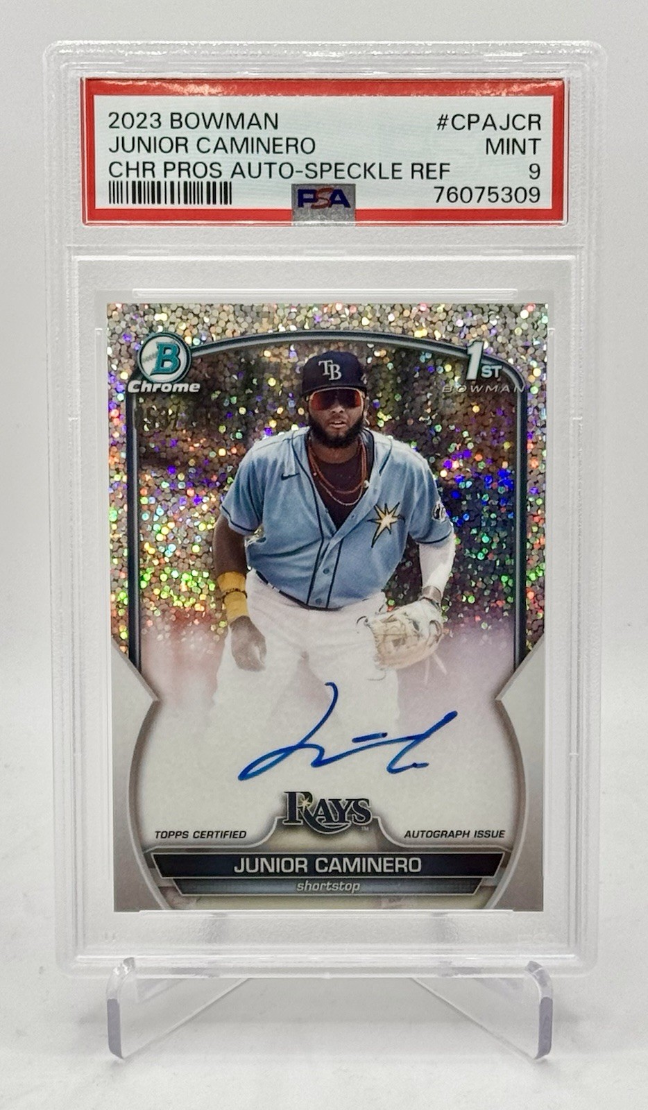 Junior Caminero 2023 Bowman Chrome 1st Auto RC Speckle Refractor /299–PSA 9 Mint