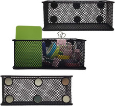 Magnetic Pencil Holder Set of 3 - Black Wire Mesh Storage Baskets Organizer with