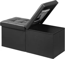 Footrest Ottoman Bench with Storage,34Inch Black Leather Footstool, Coffee Table