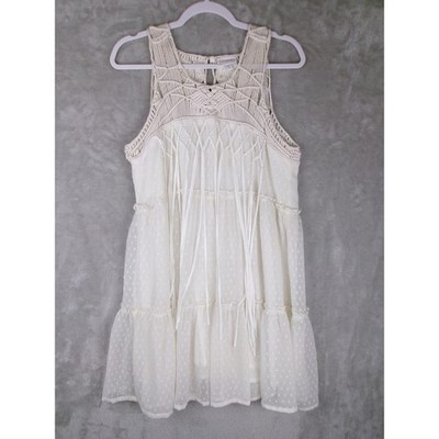 Shyanne Dress M Ivory Boho Macrame Swiss Dot Tiered Mini Western Cottage