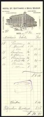 Rechnung Nice, Hotel St. Gotthard & Beau Séjour, Louis Seidel, Rue Paganini 