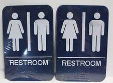2 Restroom Signs Blue Plastic ADA Raised Braille Restroom Signage for Business