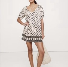 Banana Republic Paisley Puff Sleeve Dress XS Viscose Linen Tie V-Neck