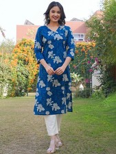 Indian Women BEAUTIFUL Blue Cotton Floral Printed Kurta Kurti Top Tunic Dress