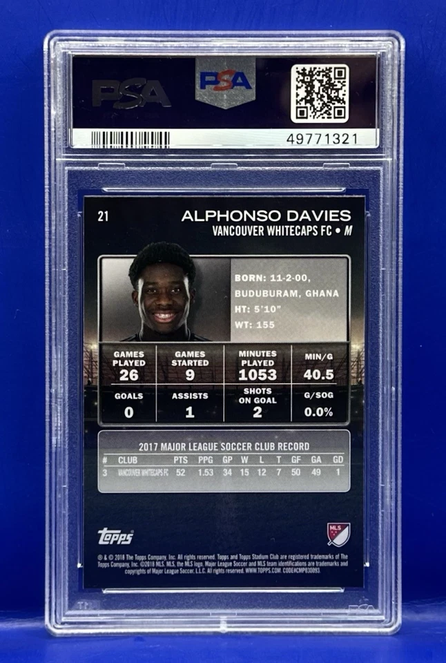 2018 Topps Stadium Club MLS Alphonso Davies Rookie #21 PSA 10 Gem Mint World Cup - Image 2 of 2