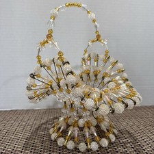 Unique Retro Vintage Handmade Beads Safety Pin Basket Vase 50s-60s Craft Yellow