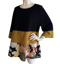 MOONLIGHT Y&S Fashion Top Black Print Oversized Asian Art to Wear Tunic Size L