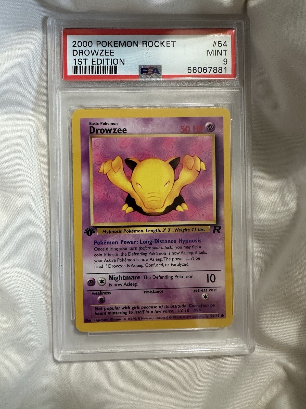 Drowzee Pokemon Team Rocket 1st Edition 2000 #54 Mint 9 Graded PSA