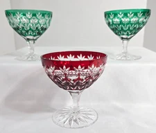 Ajka Crystal Cut to Clear Florderis Champagne Sherbet Glasses Set of 3 Red Green