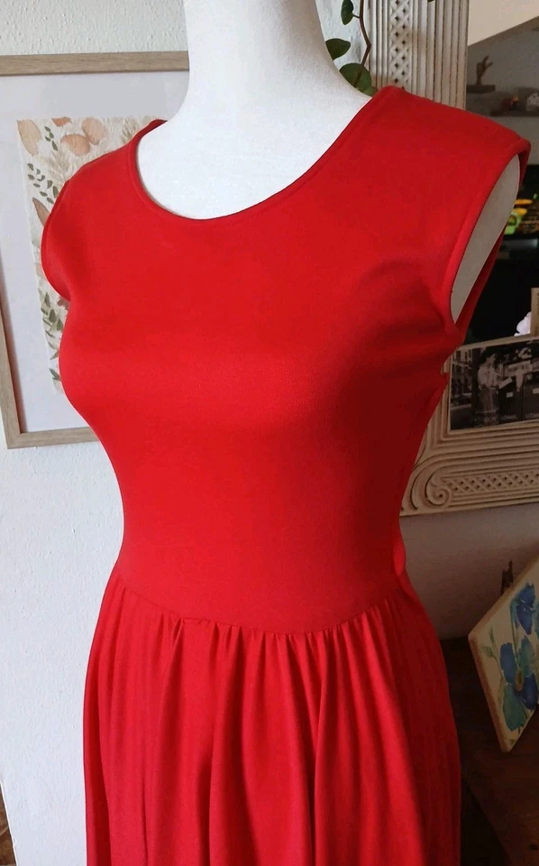 Vestido de día XS 80 vintage rojo jersey tejido cuello redondo manga gorra Foto 2 de 4
