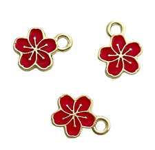 10 Charms Gold Red Enamel Little Tropical Flower 11x9mm Bead Drop Pendants