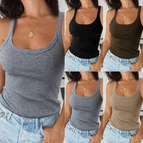 Womens Ribbed Cami Vest Tops Ladies Plain Sleeveless Tank T Shirt Tops Camisole