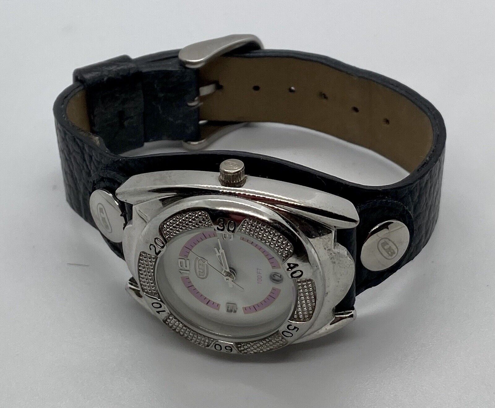 Ladies UNION BAY Watch New Battery Silver Case Black Leather Band Date Indicator