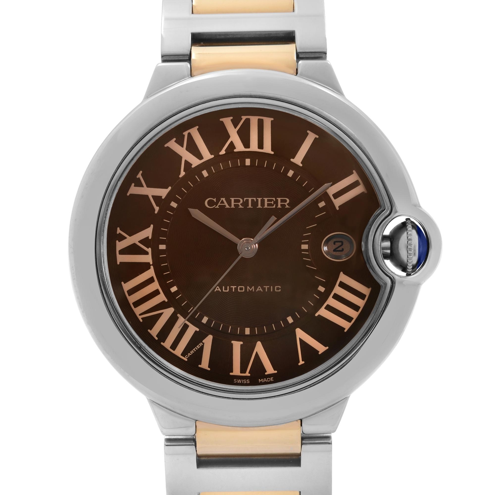 Cartier Ballon Bleu Steel 18k Rose Gold Chocolate Dial Mens Watch 