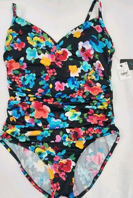 Aqua Green One Piece Swimsuit floral Black Size Large V-Neck Spaghetti Strap 