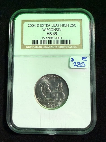 2004 D EXTRA LEAF HIGH WISCONSIN STATE QUARTER NGC MS 65 001