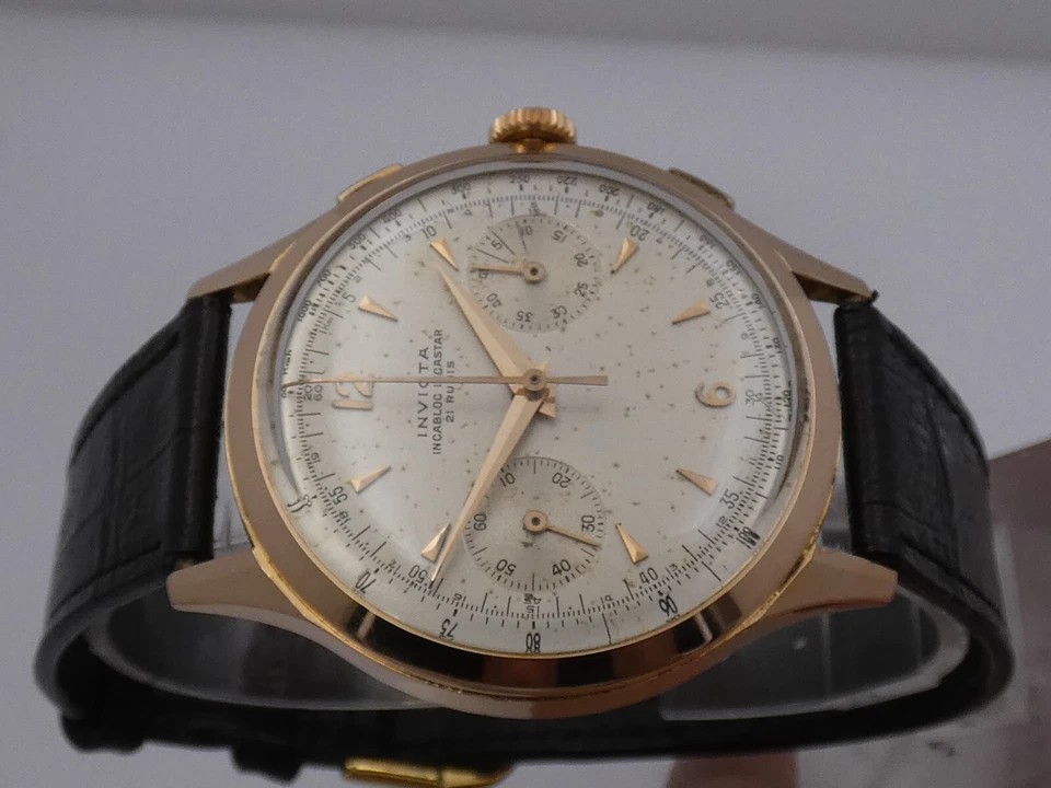 CRONO INVICTA BICOMPAX VALJOUX 22 OVERSIZE 38mm ORO ROSA 18KT ANNI '50s OROLOGIO - Immagine 2 di 4