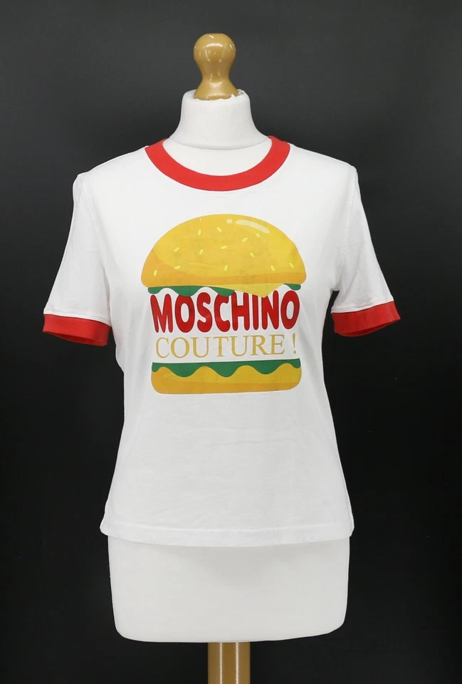 MOSCHINO HAMBURGER PRINT TEE T SHIRT WOMENS XS WHITE RRP£185 BR