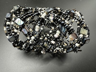 Vintage Abalone Black White Clear Glass Bead Waved Spring Wrap Bracelet Huge
