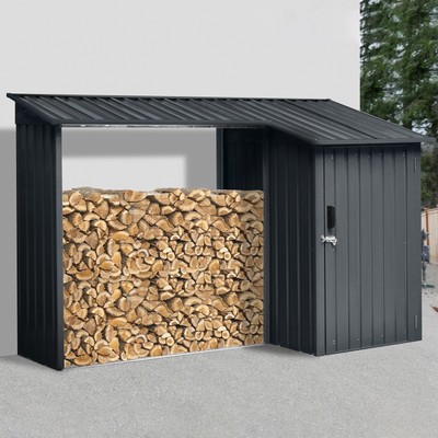 2-in-1 Outdoor Steel Firewood Rack and Metal Storage Shed with Lockable Door