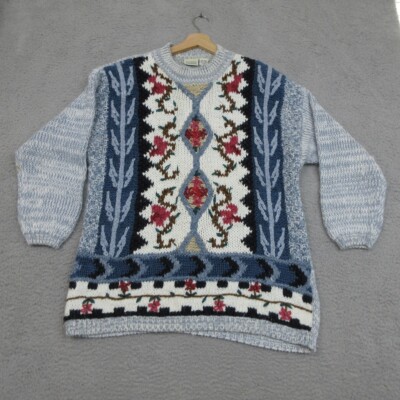 Vintage Classic Elements Sweater Womens L Blue Floral Grandmacore Cottagecore