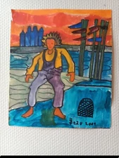 Expressionist watercolor young fisherman posing 2001 38/32cm