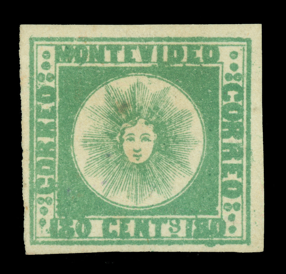 URUGUAY 1858  SUN   180c pale green -thick paper, pos. 13- Scott # 5c mint MH VF
