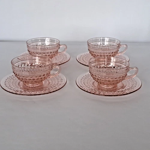 Vintage Pink Depression Glass - Hocking Glass Hobnail - Cups & Sauces x4