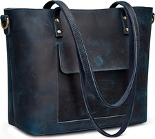 S-zone Women Genuine Leather Tote Bag Shoulder Handbag Vintage Dark Blue 