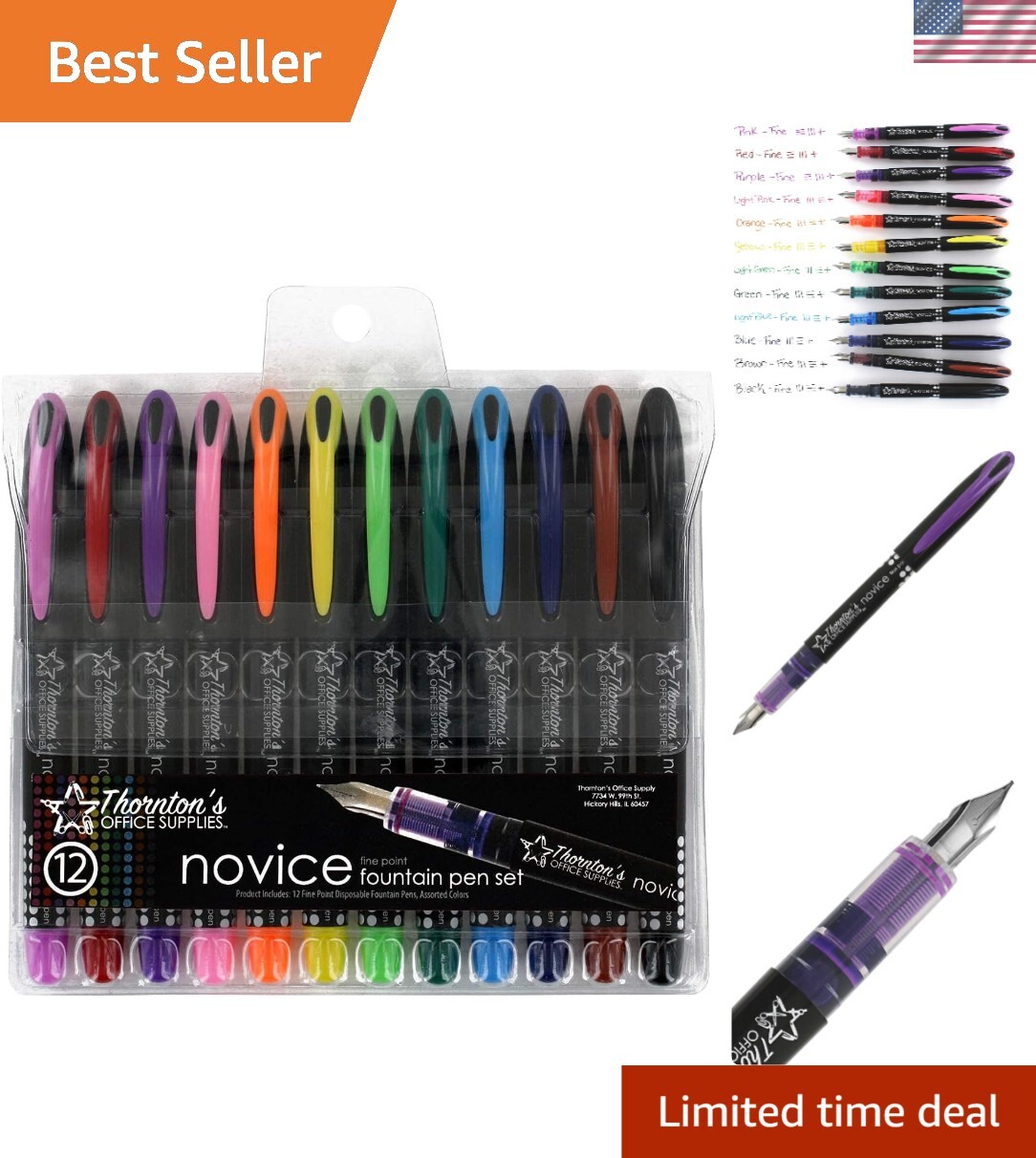 Pack of 12 Disposable Fine Fountain Pens for Art & Calligraphy - Assorted Colors