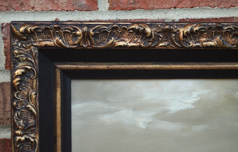 Vintage Original Oil Painting Fishermen by the Boat Signed Ornate Frame - Image 3 of 4