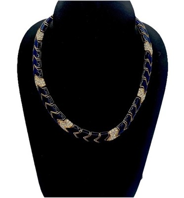 Ciner Signed Necklace  Blue Enamel & Gold Chevron Design with Rhinestone Accents