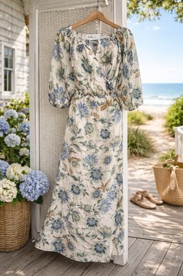 LOFT Floral Modi Dress 18 NWT Blue Green Cottagecore Puff Sleeve Boho Spring