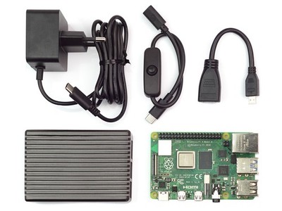 Raspberry Pi 4 2GB Kit / Alu Gehäuse / Netzteil + Schalter / Micro HDMI Adapter