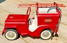 1960's TONKA FIRE TRUCK PUMPER WILLIS JEEP WITH LADDER AND BLACK RUBBER HOSE