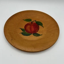Vtg Cottage Wooden Plate Hand Painted Fruit Apple  9" Farmhouse Teachercore