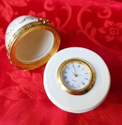 Collectible Porcelain Ceramic Egg Hinged Trinket Box/Quartz Clock Inside