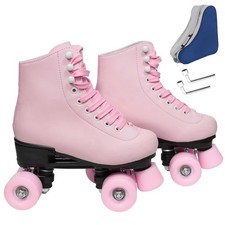 Roller Skates for Women Men, Leather High Top Double-Row Skates Pink, for Beg...