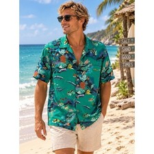 VTG Jammin Shirts Under the Sea Ocean Print Short Sleeve Button Up L Teal Green