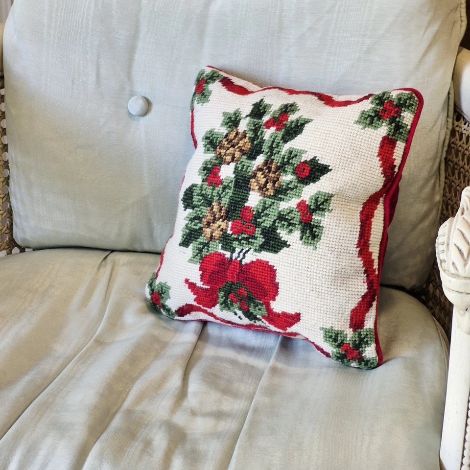 Christmas Linen Decor: Needlepoint Pillow Pine Cones, Holly & Ribbon 9"x9" - Image 2 of 4