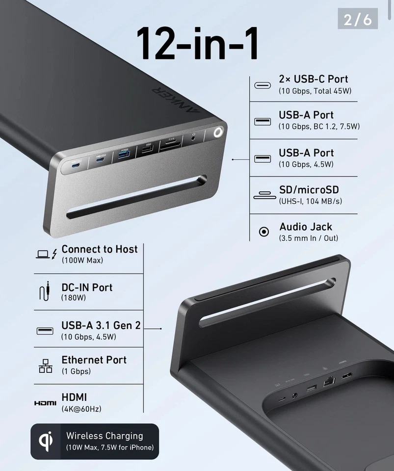 Anker 675 USB-C Docking Station 12-in-1, Monitor Stand, Wireless Charging Pad - Image 2 of 4