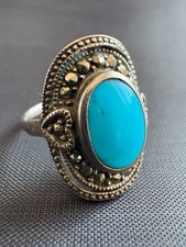 Vintage 925 Sterling Silver Ring Turquoise  Marcasite Accents Ring Size 8.5 US