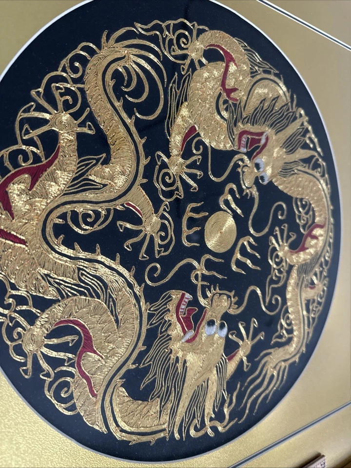 Vintage Chinese Silk Embroidery Pair Dragon Design, Framed - Image 3 of 4
