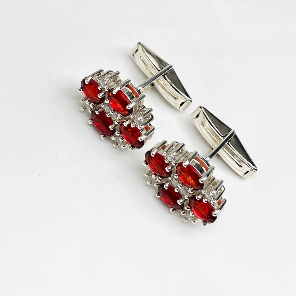 Elegant Men's Silver Cufflinks with Red Ruby Oval & White CZ Stones, Formal Gift - Image 3 of 4